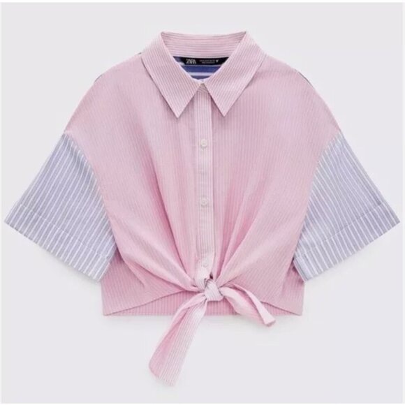 Zara Contrasting Stripe Poplin Crop Tie Front Button Down Shirt Size M NWT - Picture 2 of 3